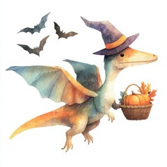 Fototapeta premium Watercolor pterodactyl wearing a witch hat holding a basket with pumpkin and autumn leaves with bats flying