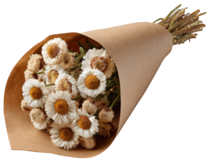 Beautiful rustic bouquet of dried daisy flower wrapped in brown kraft paper. vintage gift expressing gentle nostalgia, perfect for decoration and romantic gestures
