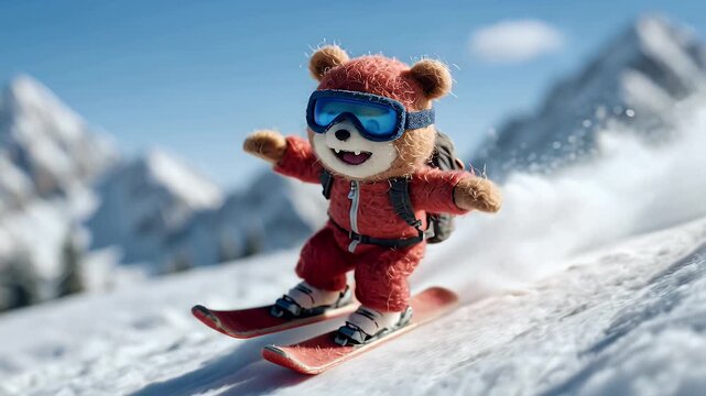 Animated teddy bear skiing down a snowy mountain slope under bright sunlight