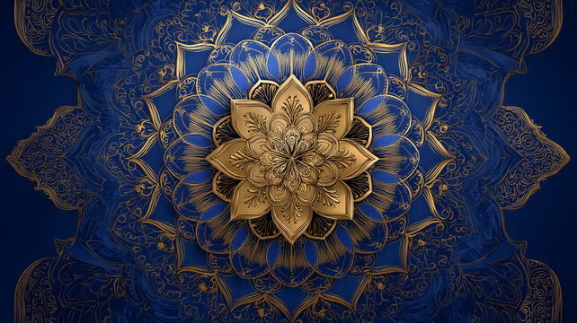Golden mandala wallpaper on dark royal blue background - Powered by Adobe