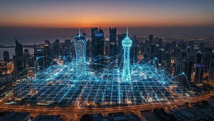 High-angle nighttime view of a modern cityscape, illuminated with digital network overlays - Powered by Adobe