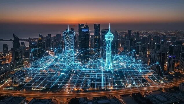 High-angle nighttime view of a modern cityscape, illuminated with digital network overlays - Powered by Adobe