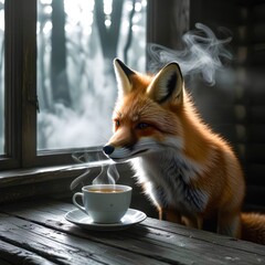 red fox and cup of coffee