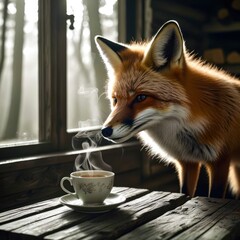 red fox and cup of coffee