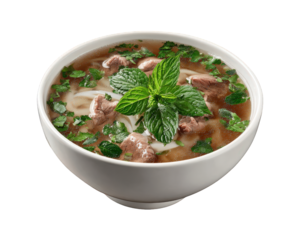 Warm, delicious bowl of Vietnamese pho noodle soup with beef and fresh mint. This comforting traditional Asian cuisine features savory hot broth for hearty meal