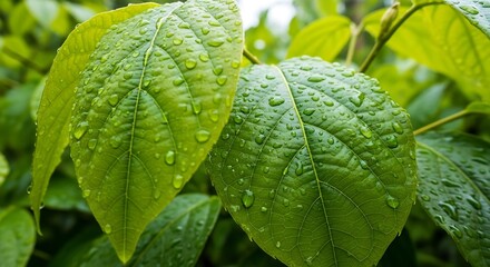 Raindrops on Vibrant Green Leaves - A Close-Up of Natures Beauty.