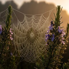 Spiderweb Dewdrops - A Delicate Morning Scene in Nature.