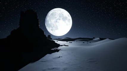 Expansive desert landscape bathed in the stark, ethereal light of a large full moon at night arid, mystery, natural - Powered by Adobe