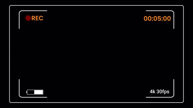 Camcorder Recording Viewfinder Overlay with REC and Timecode. Retro VHS Style Interface, 4K Display, Looping Animation Background