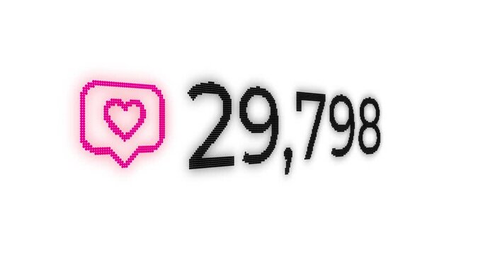 Animated design of a fast number count with a bright pink heart label icon