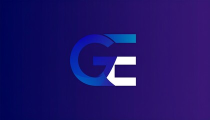 A minimalist design displays intertwined letters "G" and "E" in shades of blue and white against a dark gradient background