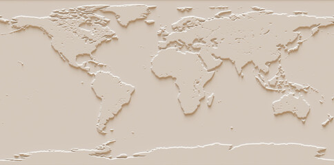 3D illustration of a world map. 3D render of a world relief map.
