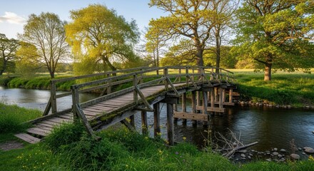 Fototapeta premium Rustic Wooden Bridge Crossing Tranquil River in Verdant Landscape at Golden Hour