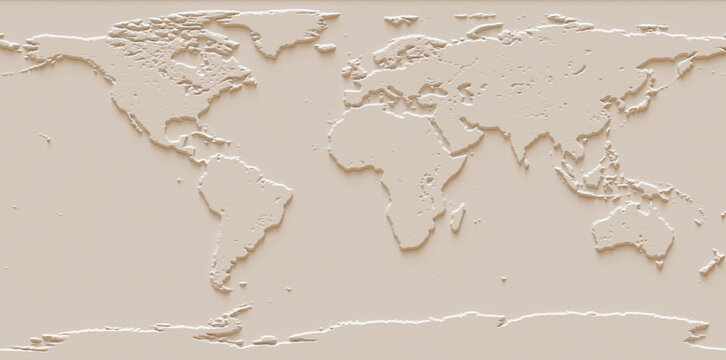 3D illustration of a world map. 3D render of a world relief map.