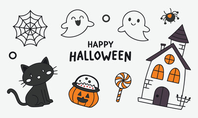 Cute Halloween Illustration with Cat, Ghosts, and Haunted House