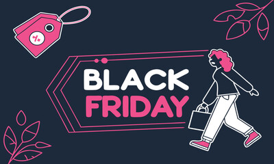 Colorful Black Friday Shopping Illustration with Woman and Price Tag