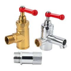 Three plumbing fixtures two faucets with red handles and a silver connector on black background