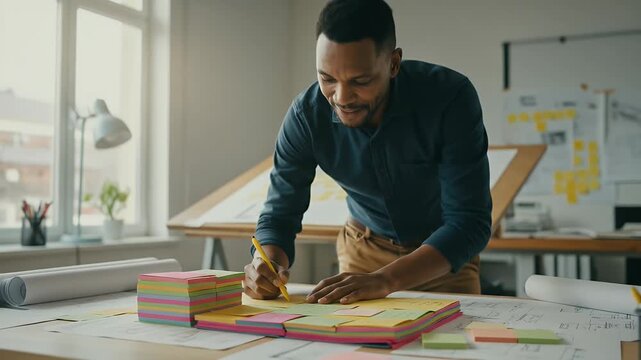 Man architect writing plans on sticky notes at desk