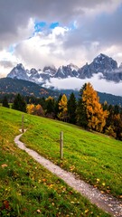 Autumnal scene, hiking path through a green meadow