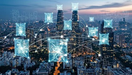 A digital rendition of a city's network with neon elements, showcasing connected buildings - Powered by Adobe