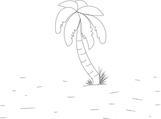 Fototapeta premium Minimalist hand drawn outline of a single palm tree on a sandy beach