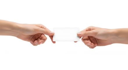 Two Hands Exchanging Blank Business Card Symbolizing Professional Connection Networking Introduction or Corporate Identity Exchange, png