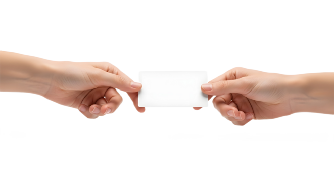 Two Hands Exchanging Blank Business Card Symbolizing Professional Connection Networking Introduction or Corporate Identity Exchange, png