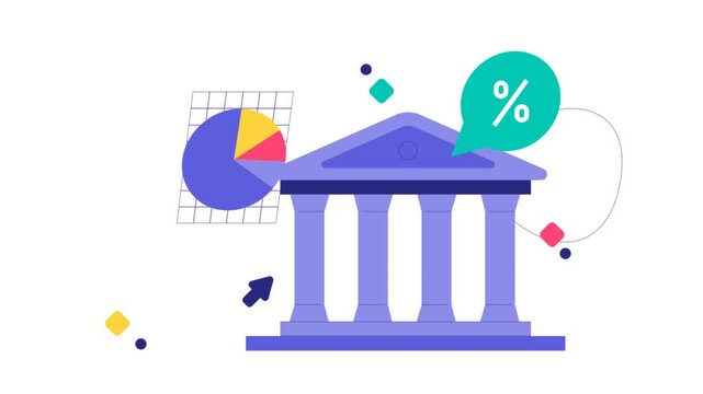Abstract Bank Building With Pie Chart And Percentage Bubble For Finance And Economics Concepts