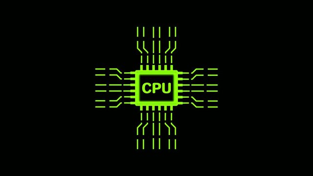 Neon Green CPU Microchip Icon on Black Background with Circuitry Lines processor central processing unit