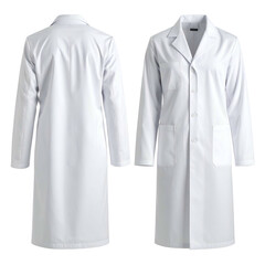 Front and back view of a white lab coat, with long sleeves and pockets