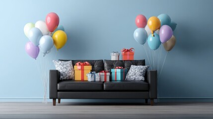 black couch with gifts and balloons
