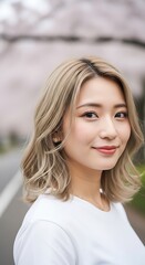 Portrait of a smiling Asian woman with blonde hair outdoors.
