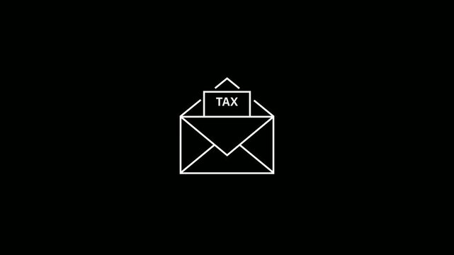 White Line Art Icon of an Open Envelope with aTAX Document on Black Background mail letter