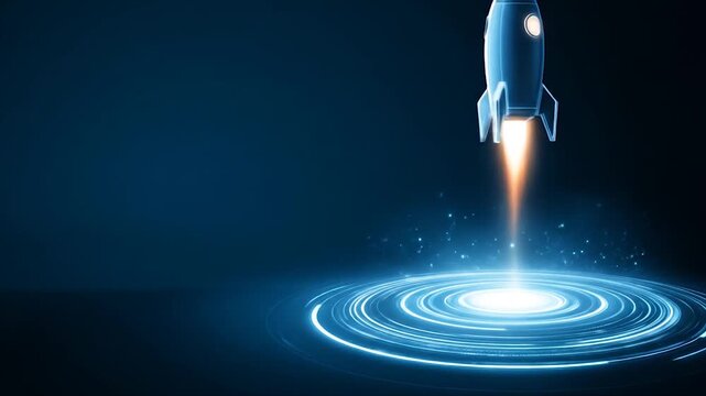 Animated rocket launch from a circular platform on a dark background
