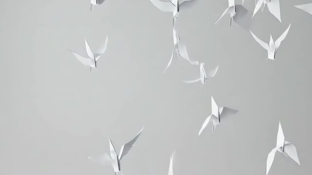 A clean and symbolic animation where book pages turn into flying birds, representing imagination taking flight and stories coming to life. Minimalist and elegant design.