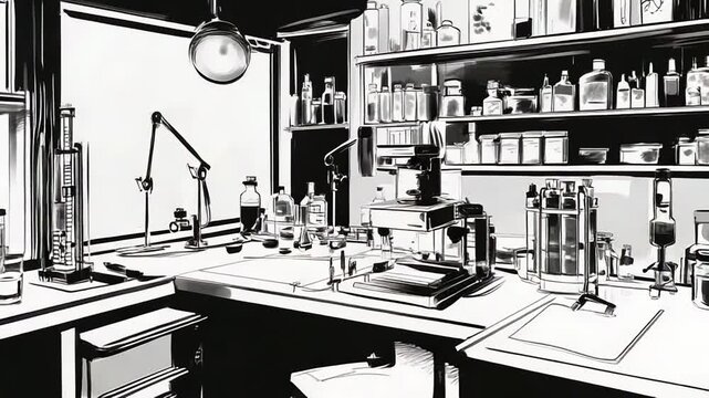 Vintage scientific laboratory interior with research equipment on counters