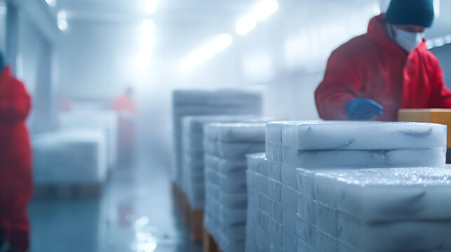 Frozen Food Processing: Workers in a very cold room packaging blocks of frozen food, with protective gear and face masks. Cold storage and processing facility.
