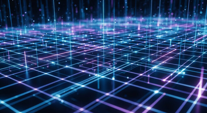 Futuristic grid background with glowing blue and purple lines, representing advanced technology, data networks, and digital connectivity in a modern design - Powered by Adobe