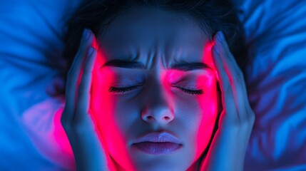 A woman with a headache, holding her temples, illuminated by red and blue light — for medical articles about migraines, stress, and healthy lifestyles.