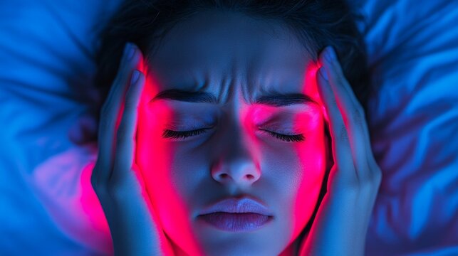 A woman with a headache, holding her temples, illuminated by red and blue light — for medical articles about migraines, stress, and healthy lifestyles.