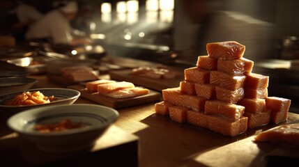 A pyramid of perfectly-cubed salmon fillets sits atop a wooden surface, amongst other prepared foods, in a professional kitchen setting, bathed in the warm glow of natural light.