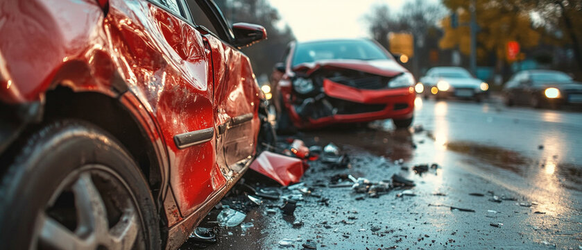 Damaged cars after a traffic accident on a wet city road; the consequences of the accident require urgent intervention.