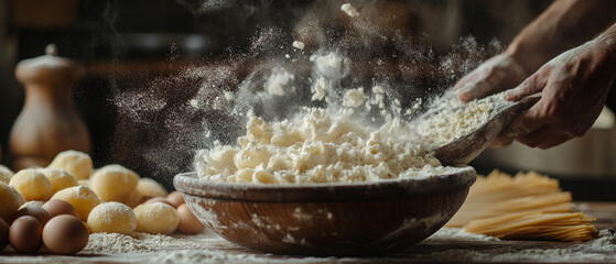 Hands sprinkle flour onto dough and eggs, creating homemade pasta, useful for culinary articles, recipes, and blogs about home cooking.