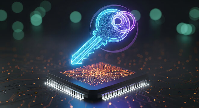 Digital key hovering above a microchip with bokeh lights in the background in a dark setting