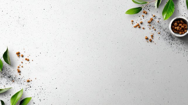 Elegant Minimalist Background with Green Leaves, Tiger Nuts, and Speckled Texture, Perfect for Food Photography or Product Mockups with Copy Space
