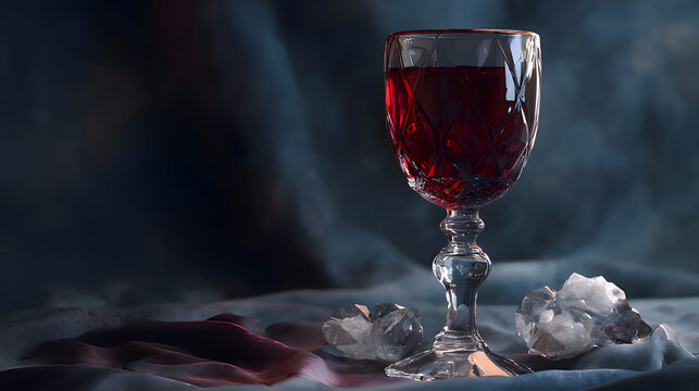 Elegant goblet with red wine, crystal detail on dark background.