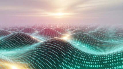 Abstract binary code landscape for tech innovation, data stream visualization, digital future, global network, and artificial intelligence concepts