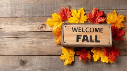 Rustic wooden sign with welcome fall message surrounded by colorful autumn leaves