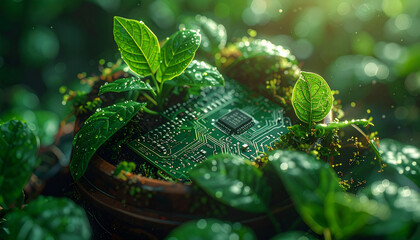 Harmony Between Nature and Technology: A conceptual image features a circuit board intertwined with vibrant green foliage, suggesting a fusion of technology and the natural world.