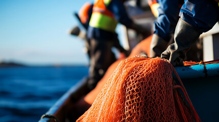 Fishing boat with workers and netting, showcasing the tools and labor involved in the fishing industry against an open water backdrop.